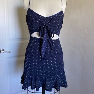 Navy Polkadot Cut-out Dress with Tie Front Detail